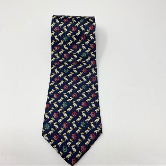 Vintage Geoffrey Beene Nautical Silk Tie Pelicans + Boats Wheels - Picture 2 of 3
